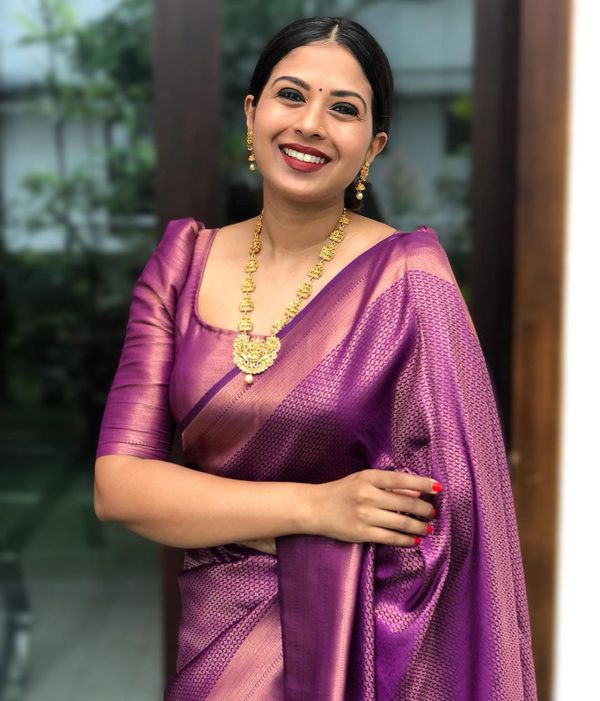 Magenta Purple Banarasi Soft Silk Saree with Rose Gold Border