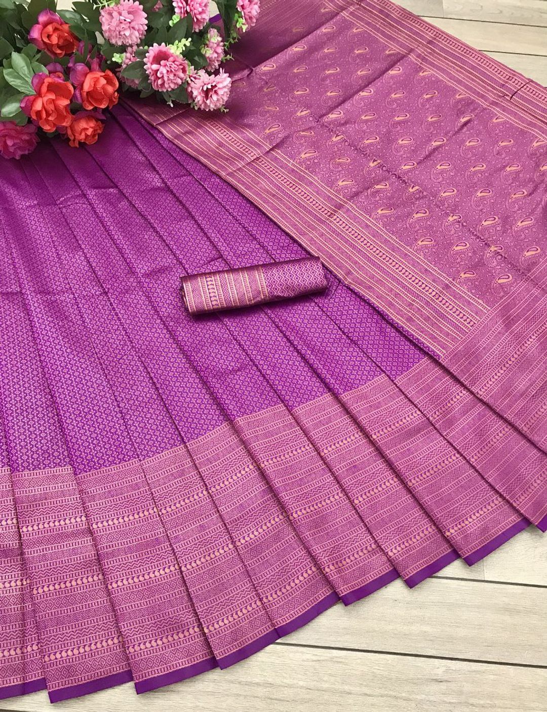 Magenta Purple Banarasi Soft Silk Saree with Rose Gold Border