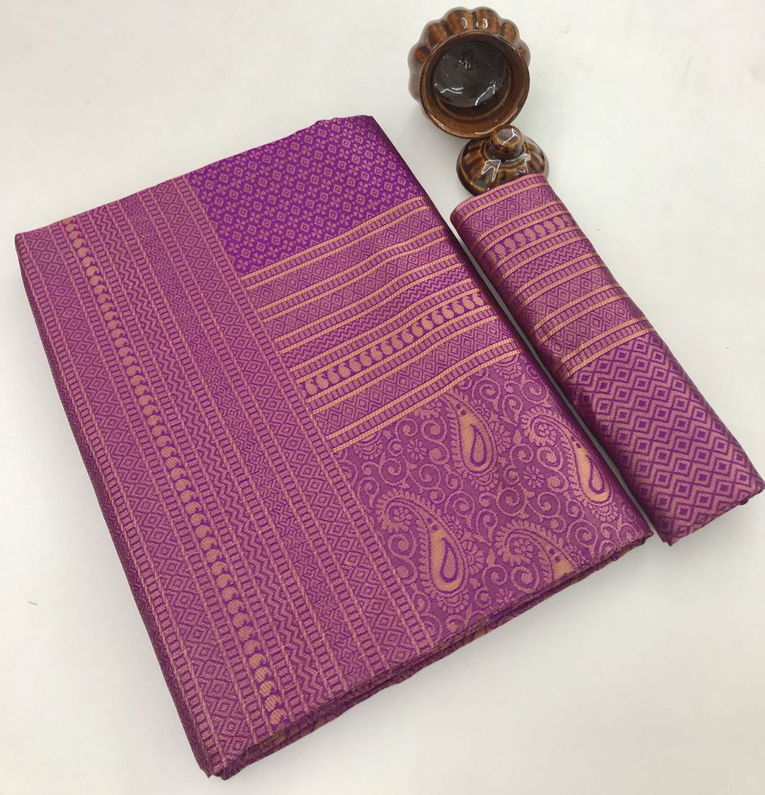 Magenta Purple Banarasi Soft Silk Saree with Rose Gold Border