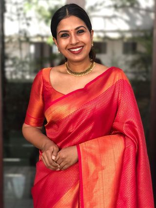Red Banarasi Soft Silk Saree with Orange Gold Woven Border
