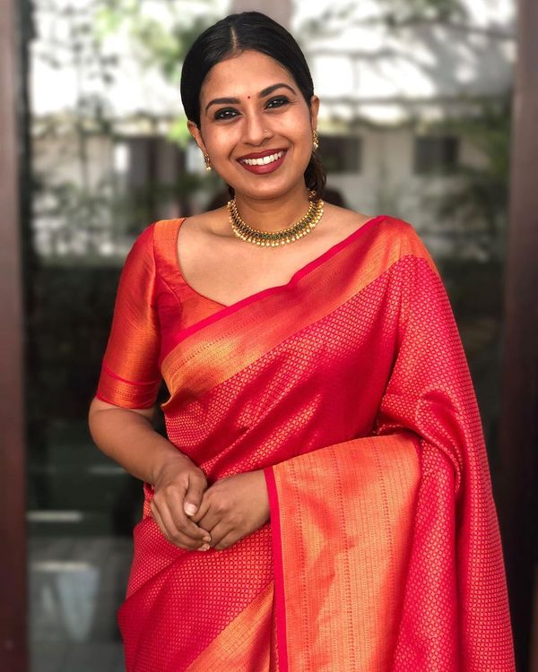 Red Banarasi Soft Silk Saree with Orange Gold Woven Border