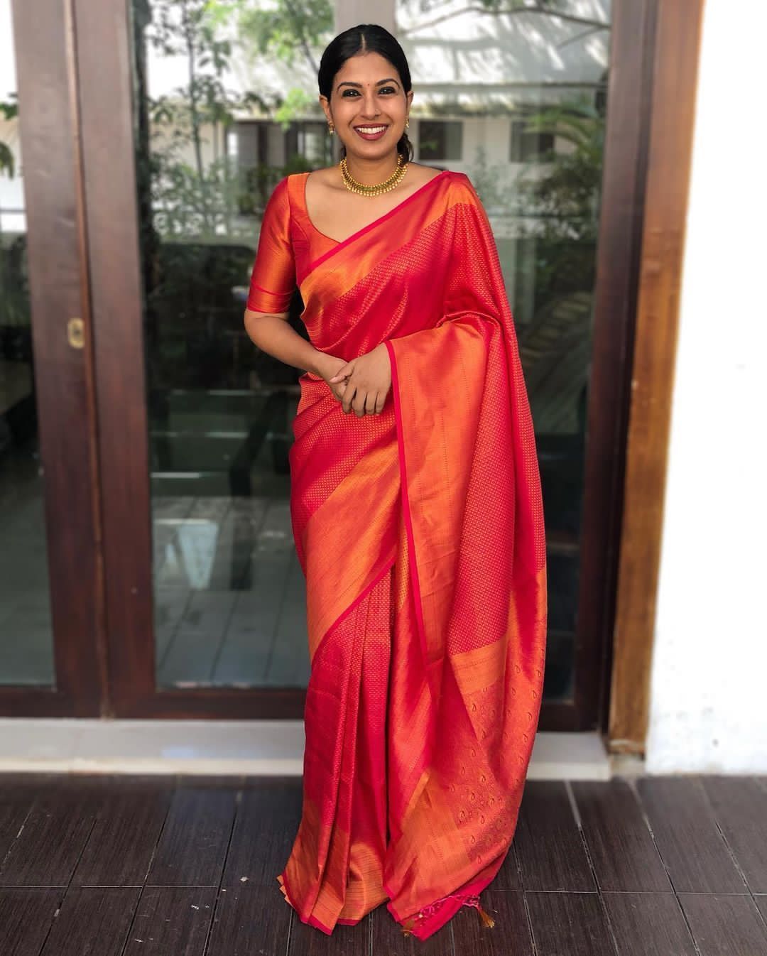 Red Banarasi Soft Silk Saree with Orange Gold Woven Border