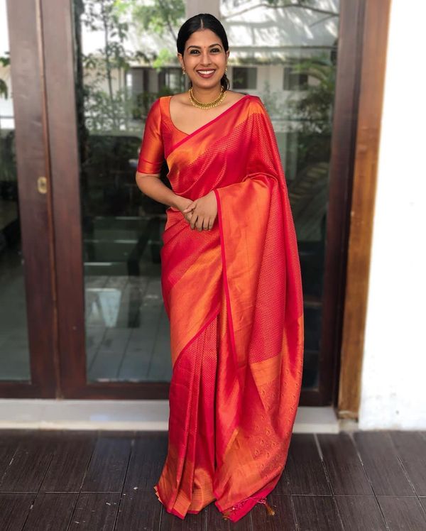 Red Banarasi Soft Silk Saree with Orange Gold Woven Border