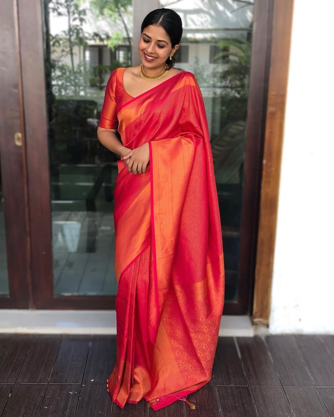 Red Banarasi Soft Silk Saree with Orange Gold Woven Border