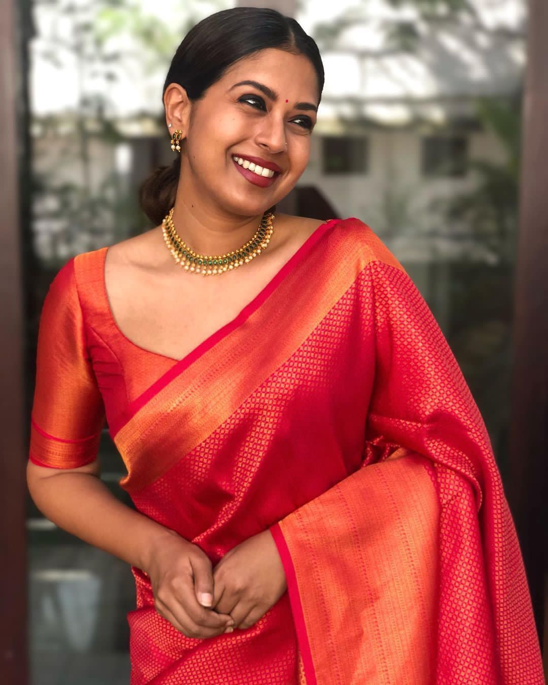 Red Banarasi Soft Silk Saree with Orange Gold Woven Border