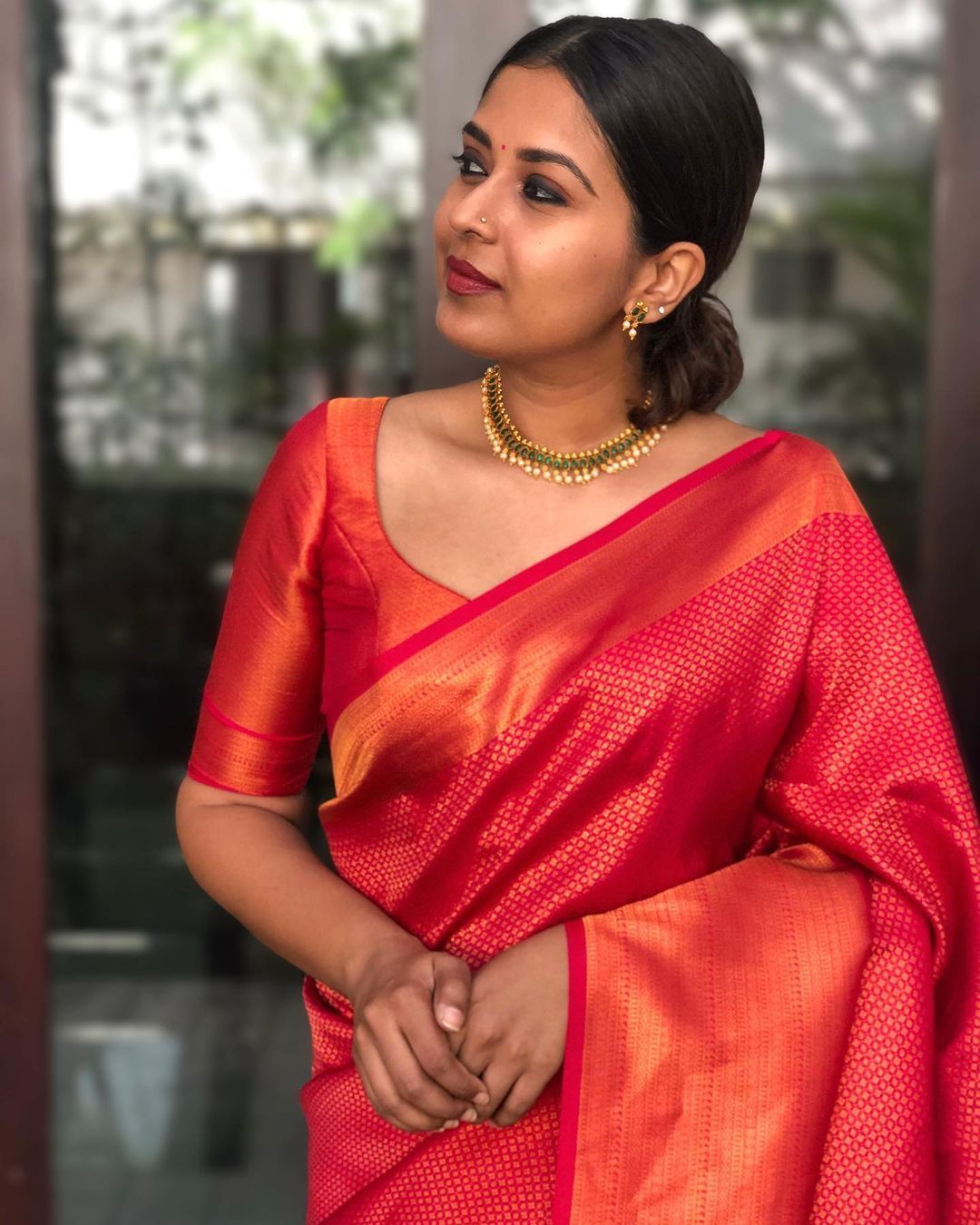 Red Banarasi Soft Silk Saree with Orange Gold Woven Border