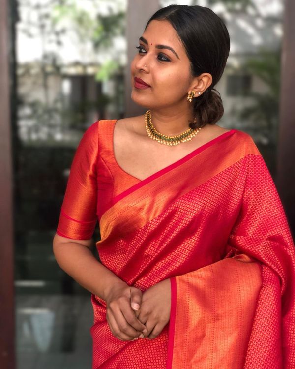 Red Banarasi Soft Silk Saree with Orange Gold Woven Border