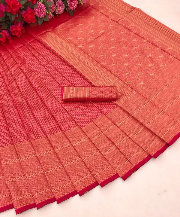 Red Banarasi Soft Silk Saree with Orange Gold Woven Border