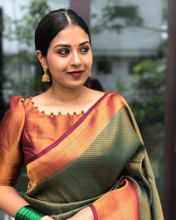 Emerald Green Banarasi Soft Silk Saree with Copper Gold Border