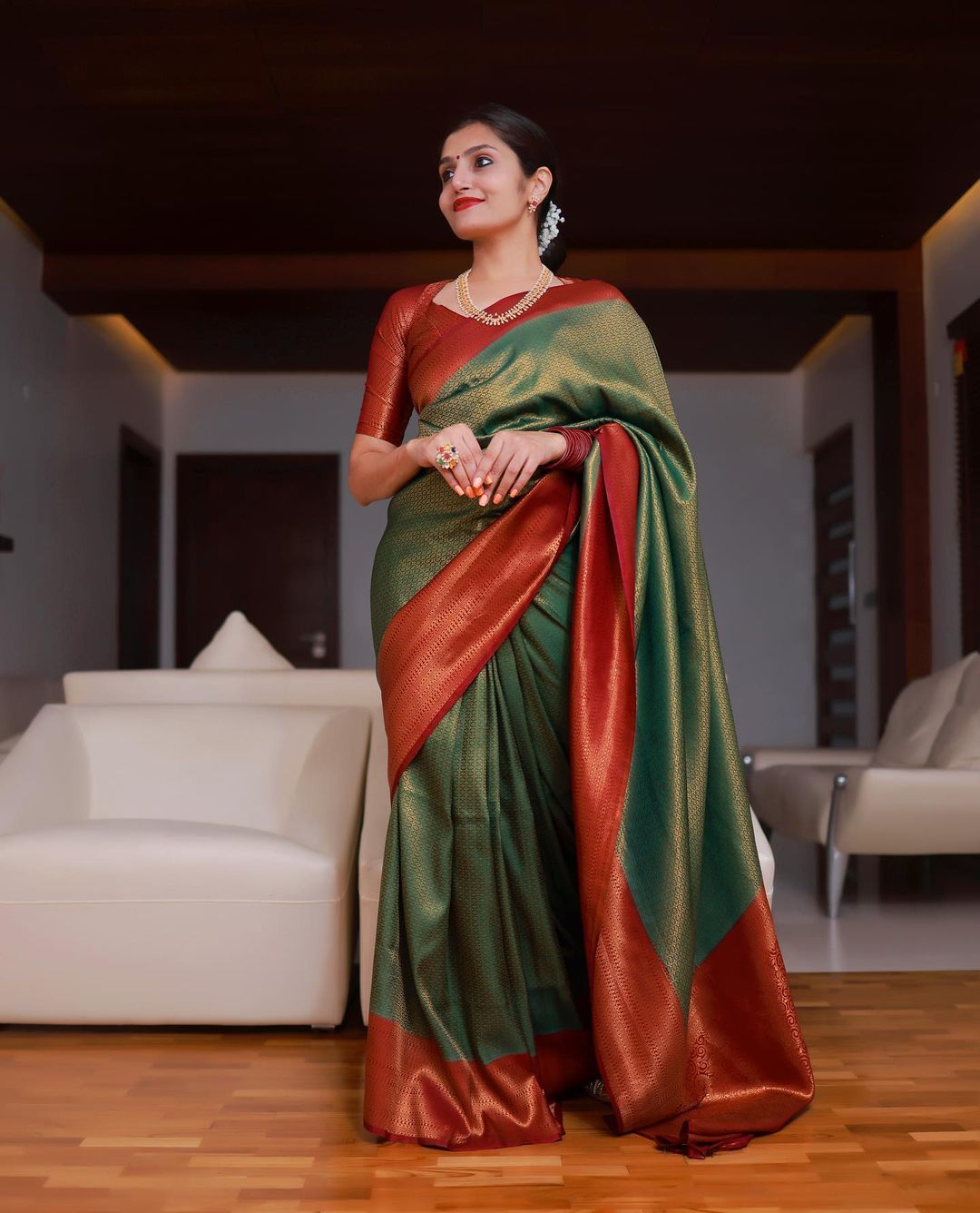 Emerald Green Banarasi Soft Silk Saree with Copper Gold Border