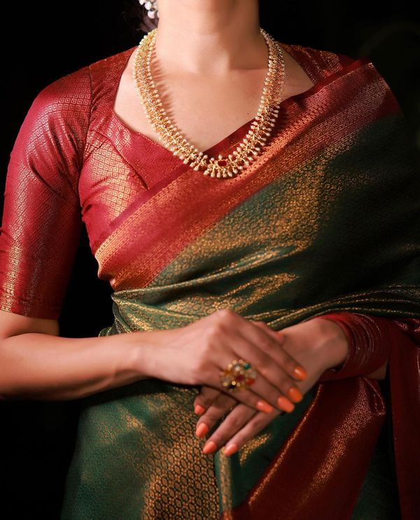 Emerald Green Banarasi Soft Silk Saree with Copper Gold Border
