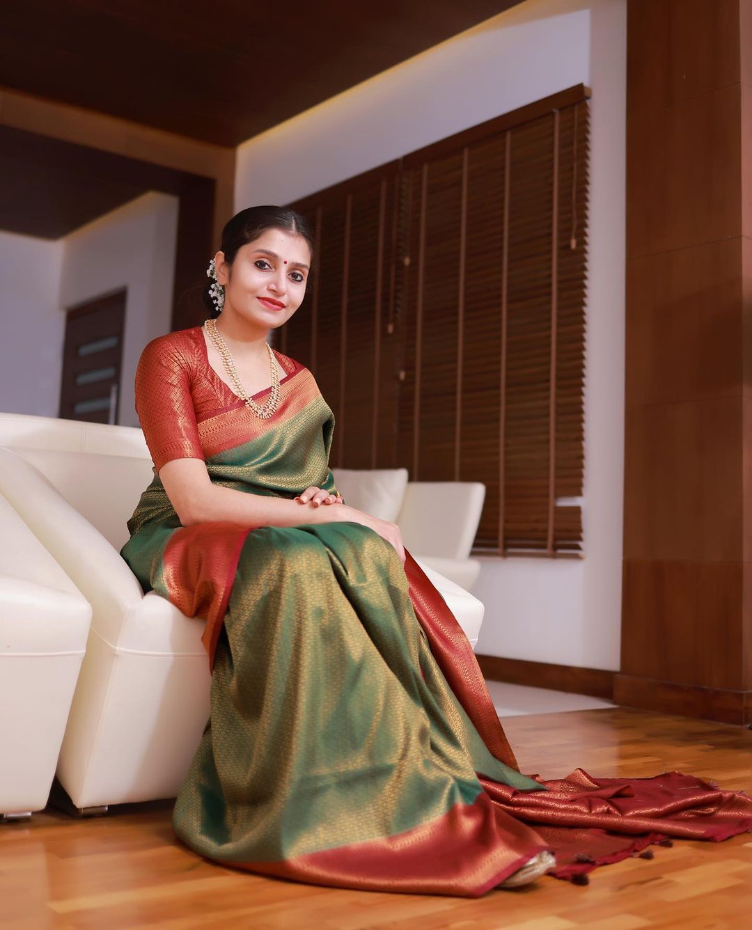 Emerald Green Banarasi Soft Silk Saree with Copper Gold Border