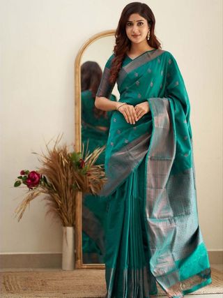 Teal Green Banarasi Soft Silk Saree with Zari Border