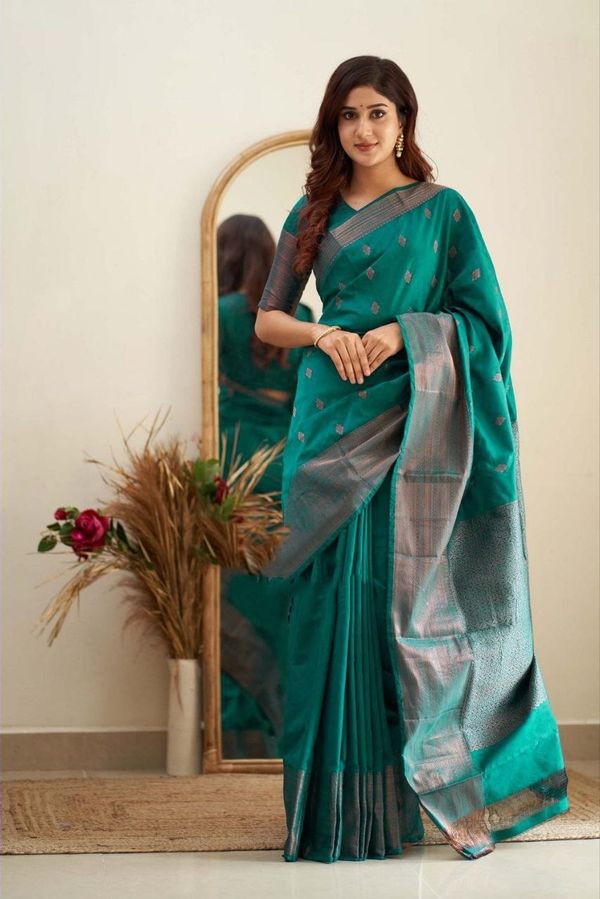 Teal Green Banarasi Soft Silk Saree with Zari Border
