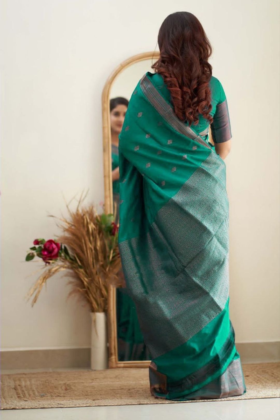 Teal Green Banarasi Soft Silk Saree with Zari Border
