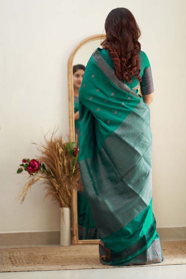 Teal Green Banarasi Soft Silk Saree with Zari Border
