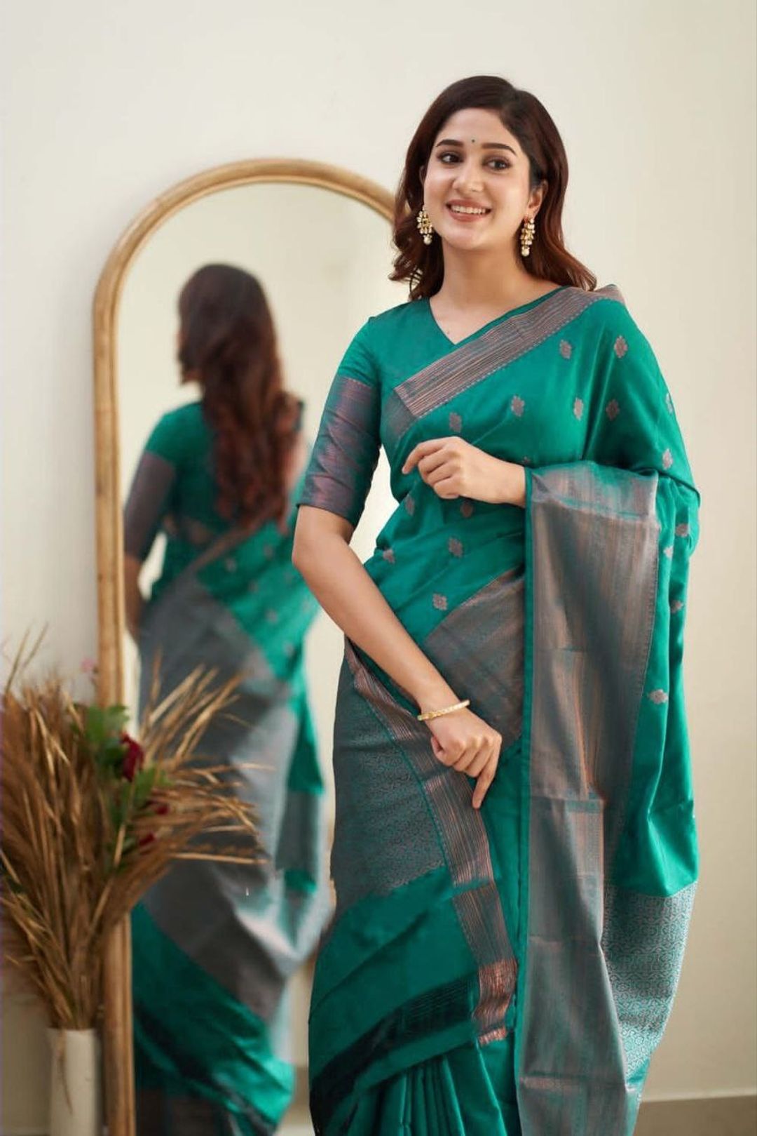 Teal Green Banarasi Soft Silk Saree with Zari Border