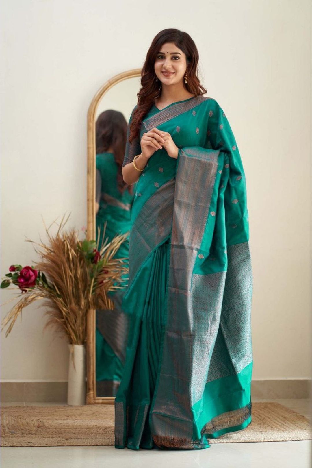 Teal Green Banarasi Soft Silk Saree with Zari Border