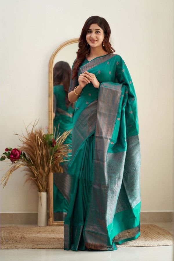 Teal Green Banarasi Soft Silk Saree with Zari Border