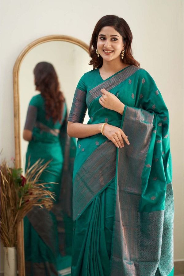 Teal Green Banarasi Soft Silk Saree with Zari Border