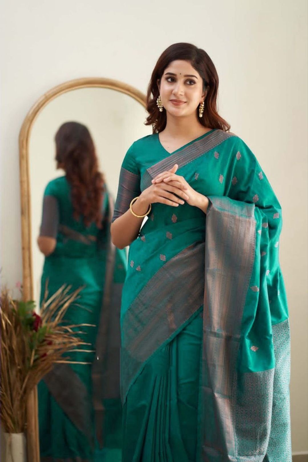 Teal Green Banarasi Soft Silk Saree with Zari Border