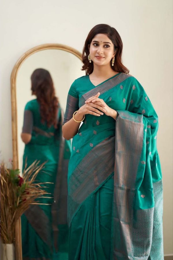 Teal Green Banarasi Soft Silk Saree with Zari Border
