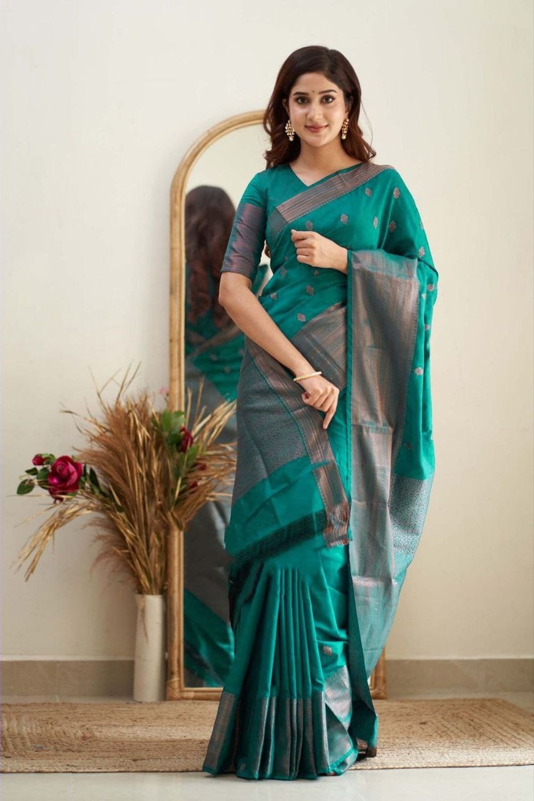 Teal Green Banarasi Soft Silk Saree with Zari Border