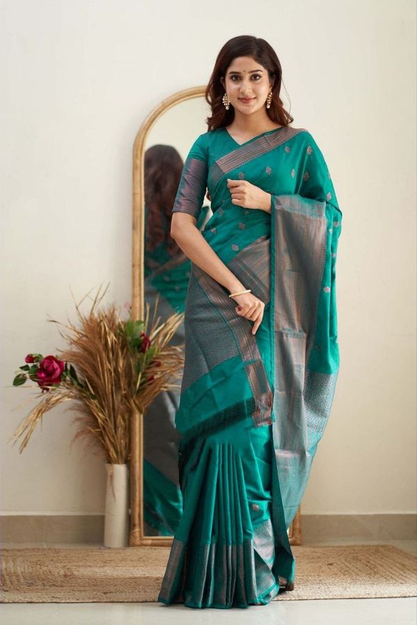 Teal Green Banarasi Soft Silk Saree with Zari Border