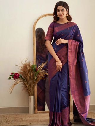 Navy Blue Banarasi Soft Silk Saree with Wine Pink Border
