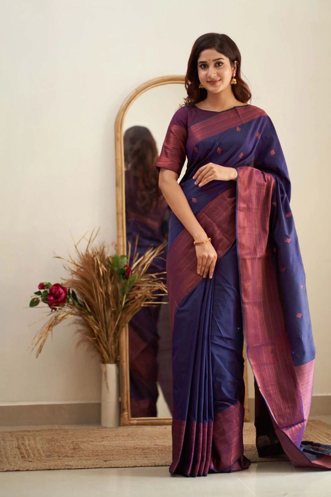 Navy Blue Banarasi Soft Silk Saree with Wine Pink Border