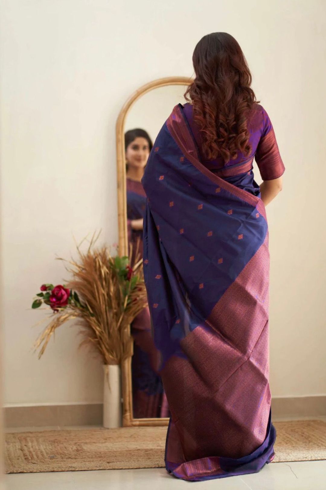 Navy Blue Banarasi Soft Silk Saree with Wine Pink Border