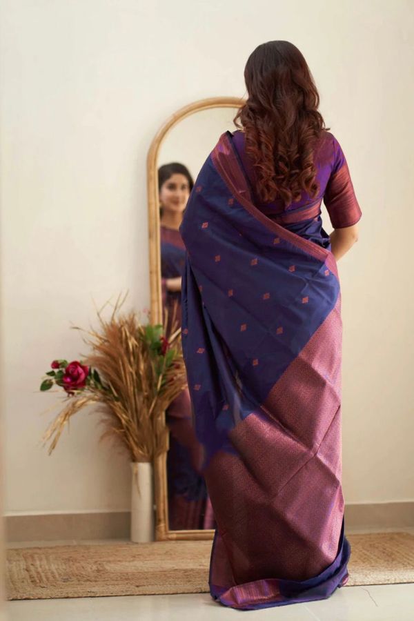 Navy Blue Banarasi Soft Silk Saree with Wine Pink Border