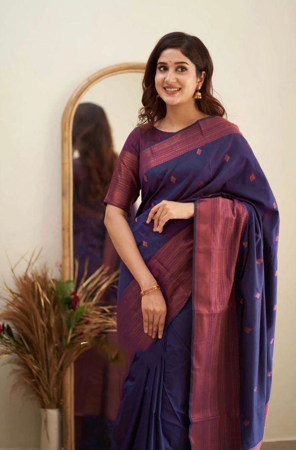 Navy Blue Banarasi Soft Silk Saree with Wine Pink Border