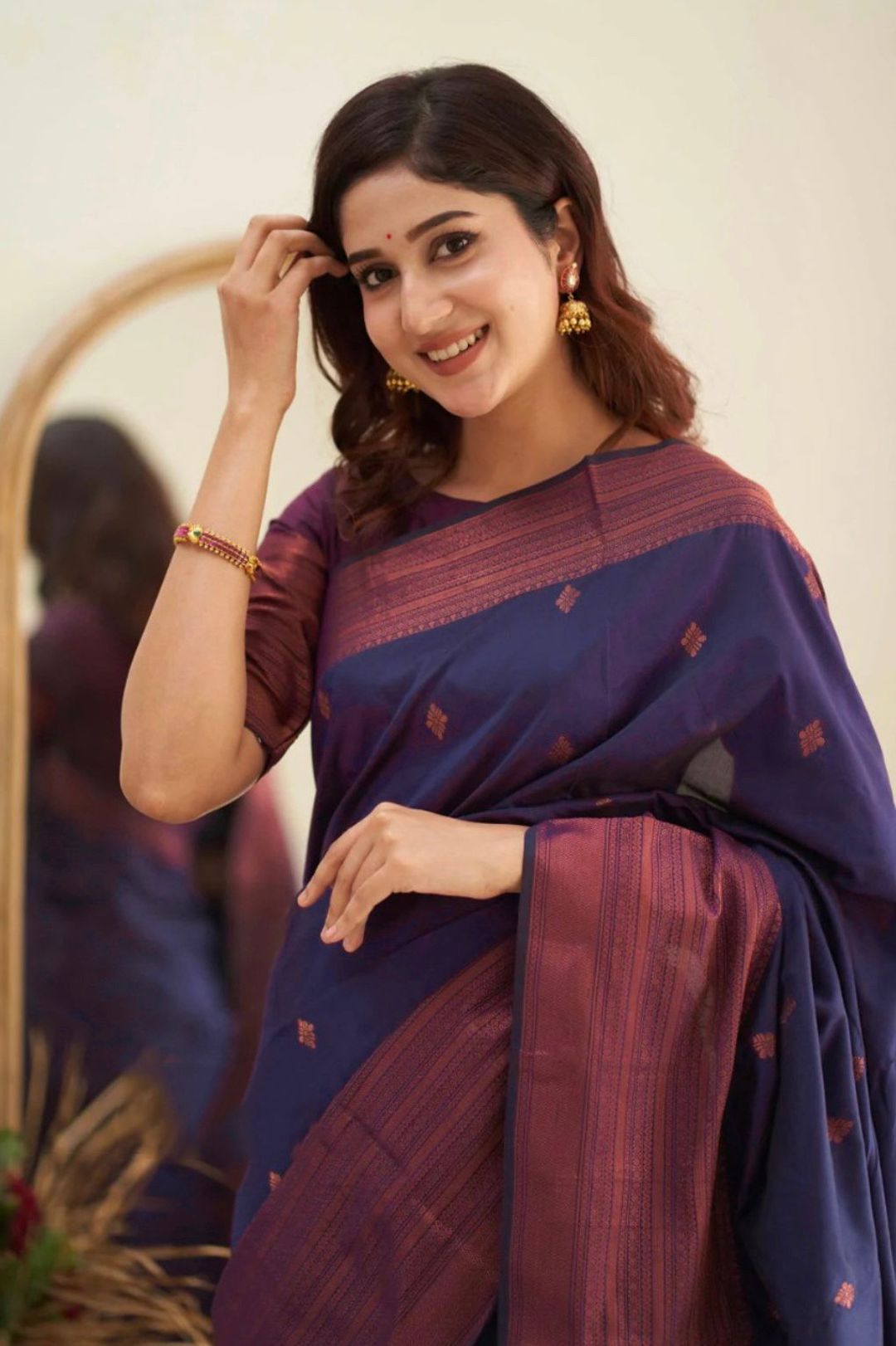 Navy Blue Banarasi Soft Silk Saree with Wine Pink Border