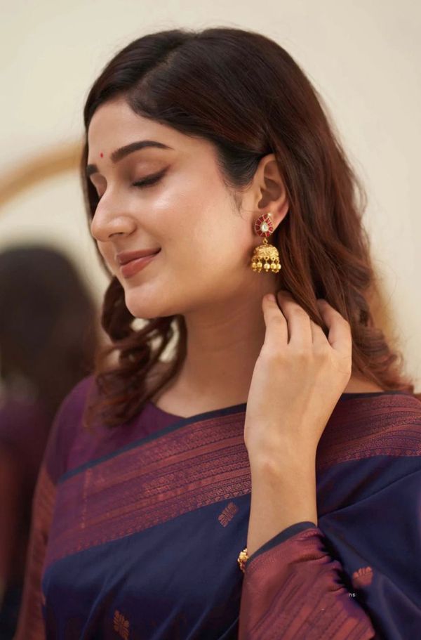 Navy Blue Banarasi Soft Silk Saree with Wine Pink Border