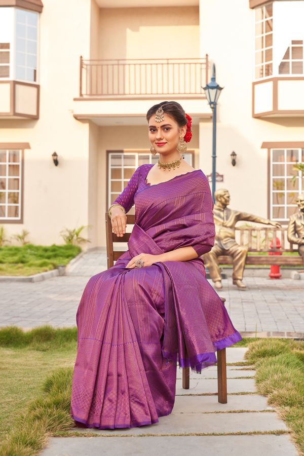 Royal Purple Banarasi Soft Silk Saree with Woven Zari Design
