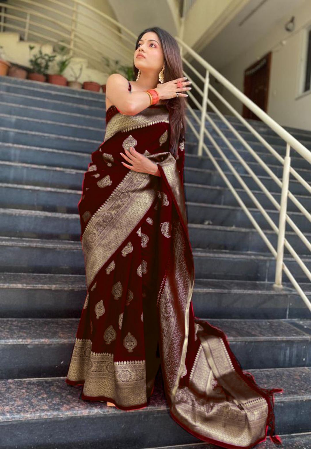 Wine Maroon Banarasi Soft Silk Saree with Gold Woven Border
