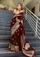 Wine Maroon Banarasi Soft Silk Saree with Gold Woven Border - Maroon, Wine
