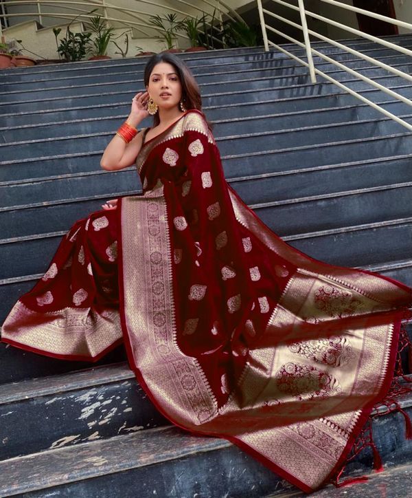 Wine Maroon Banarasi Soft Silk Saree with Gold Woven Border