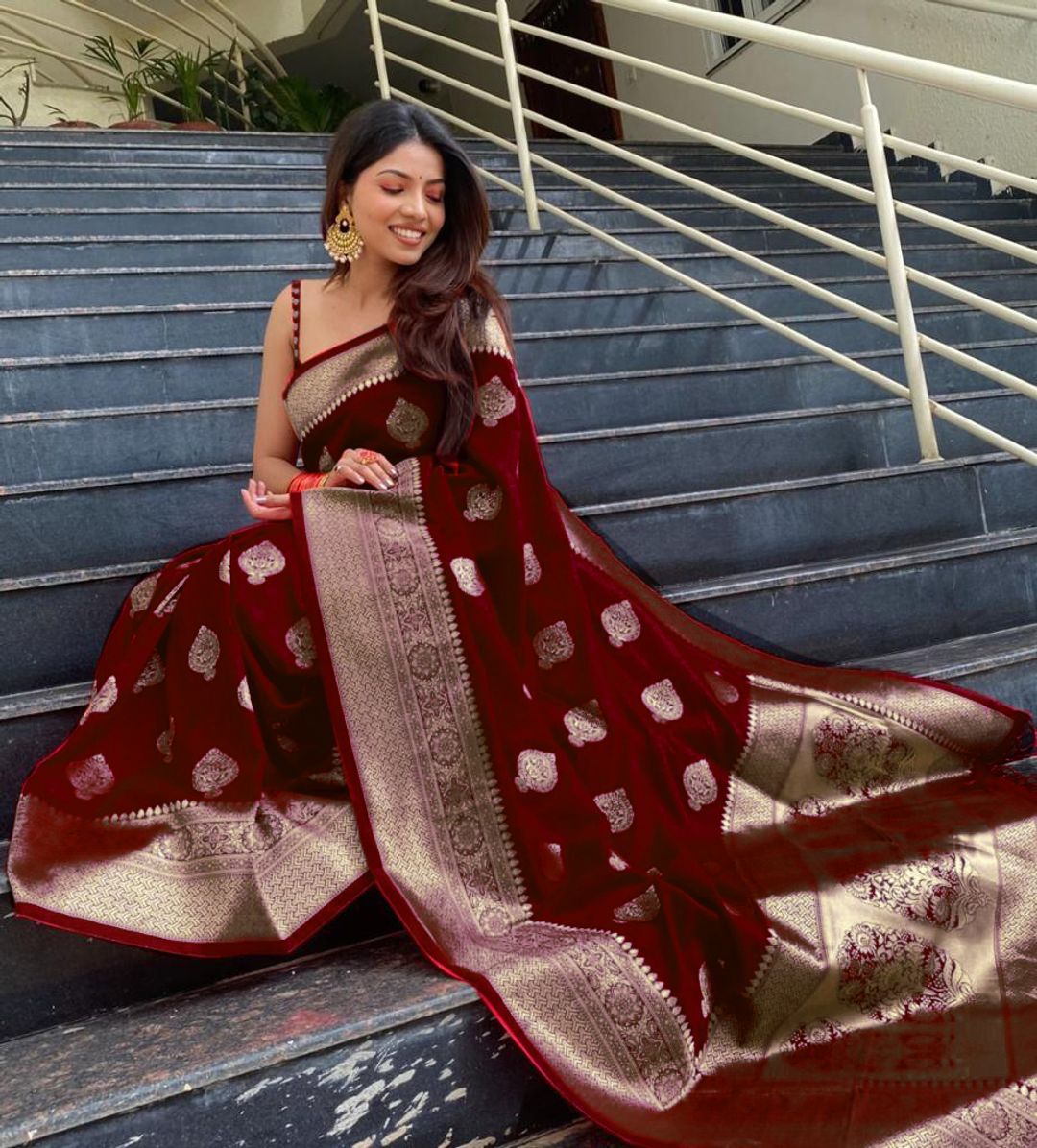 Wine Maroon Banarasi Soft Silk Saree with Gold Woven Border