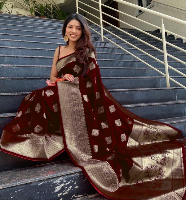 Wine Maroon Banarasi Soft Silk Saree with Gold Woven Border
