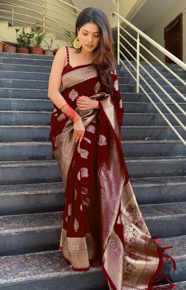 Wine Maroon Banarasi Soft Silk Saree with Gold Woven Border