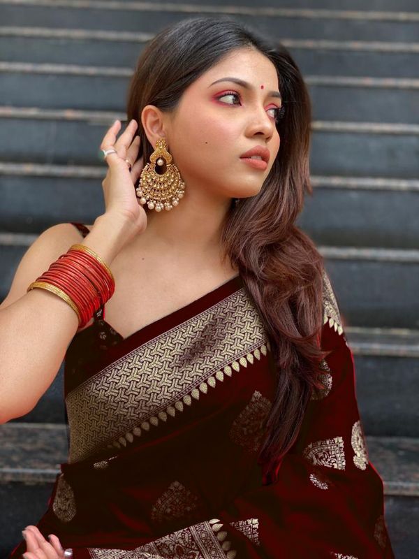 Wine Maroon Banarasi Soft Silk Saree with Gold Woven Border