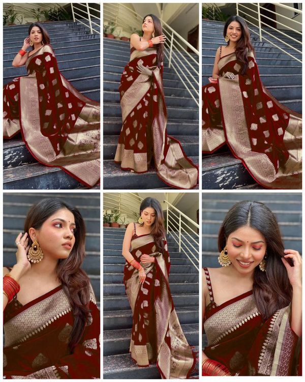 Wine Maroon Banarasi Soft Silk Saree with Gold Woven Border
