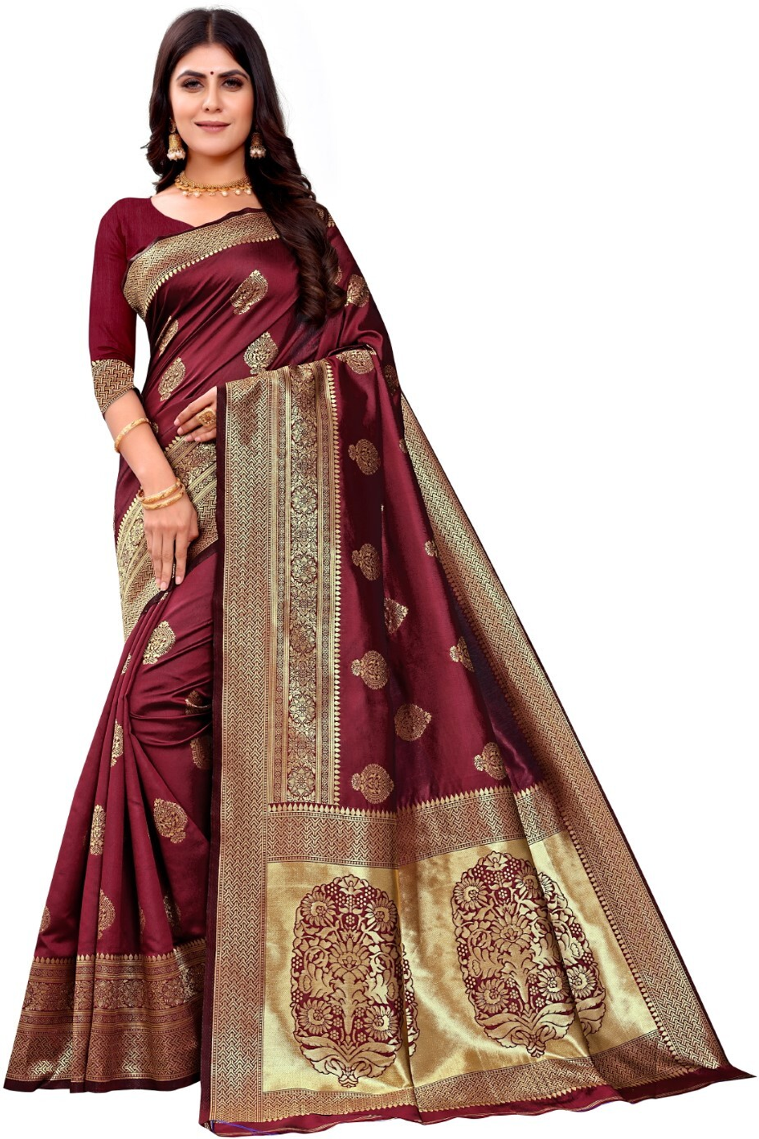 Wine Maroon Banarasi Soft Silk Saree with Gold Woven Border