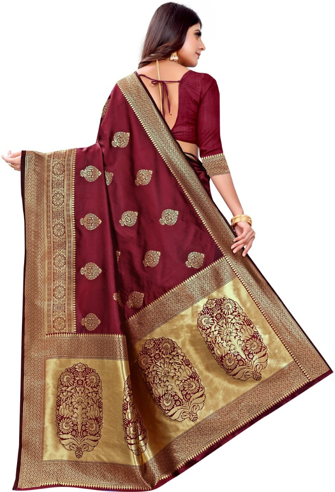 Wine Maroon Banarasi Soft Silk Saree with Gold Woven Border