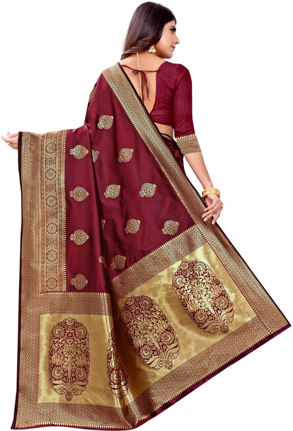 Wine Maroon Banarasi Soft Silk Saree with Gold Woven Border