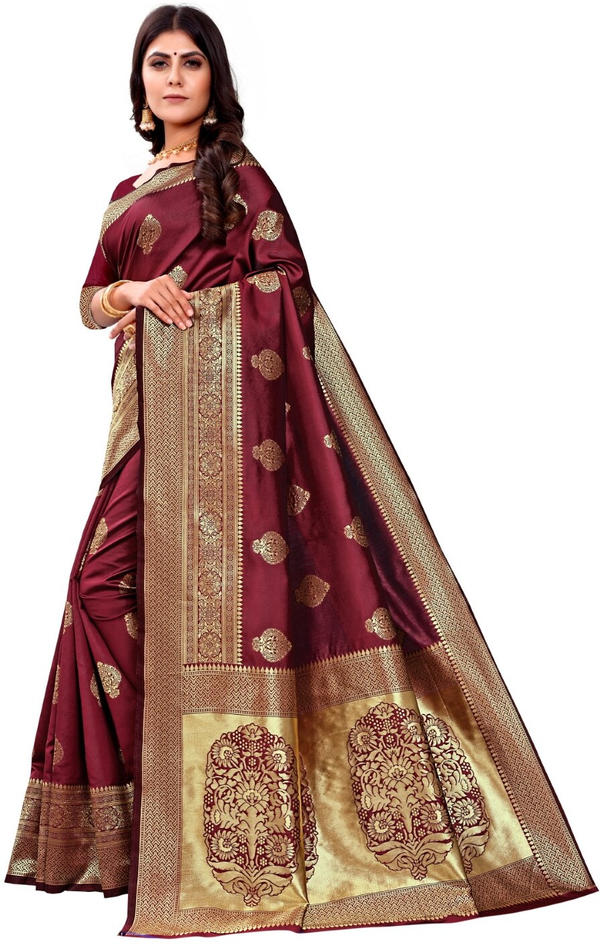 Wine Maroon Banarasi Soft Silk Saree with Gold Woven Border