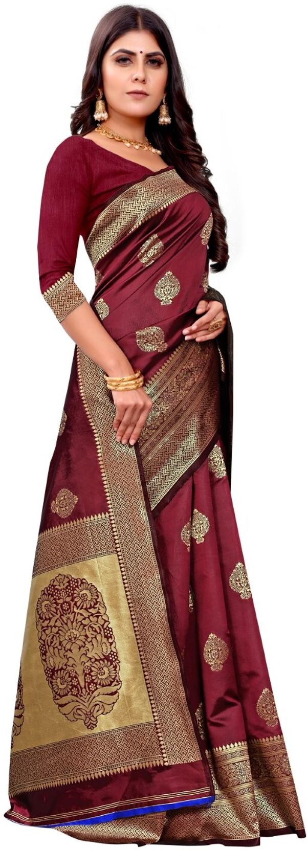 Wine Maroon Banarasi Soft Silk Saree with Gold Woven Border