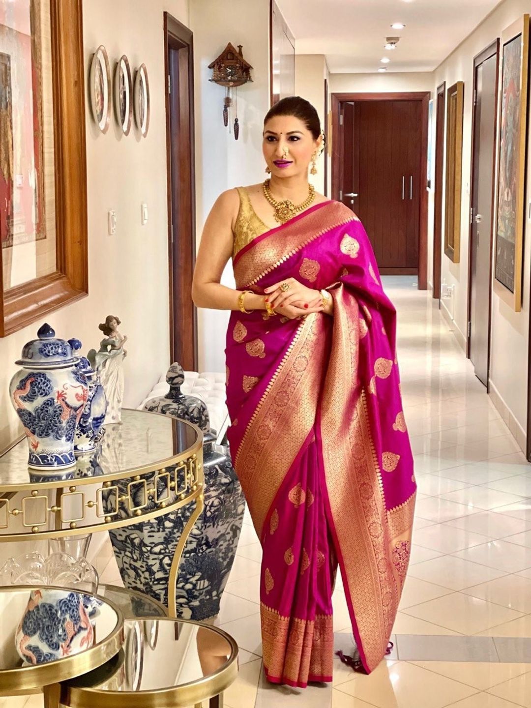 Rani Pink Banarasi Soft Silk Saree with Gold Woven Motifs